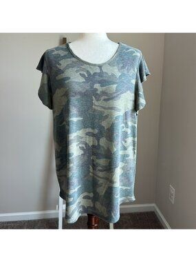 Bombom Green and Brown Camouflage Top with Flutter Cap Sleeves Size XL in GUC